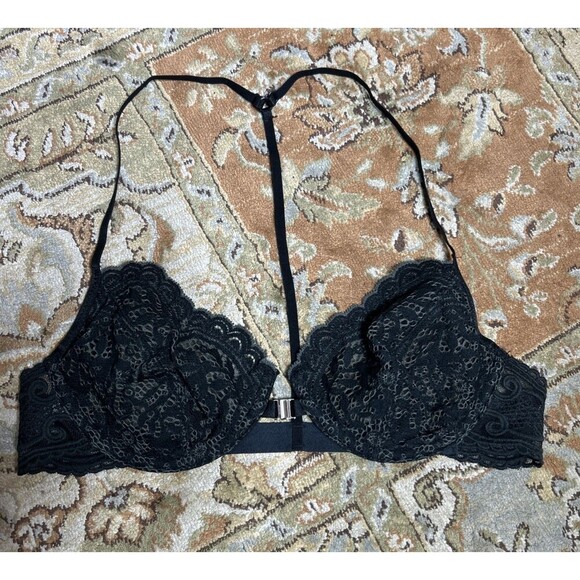 Free People Intimately Bralette 34B Front Closure T Strap Black Lace Underwired - Picture 1 of 6